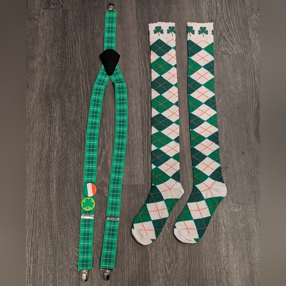 Green Plaid St. Patrick's Day Suspenders and Argyle Over the Knee Socks Set